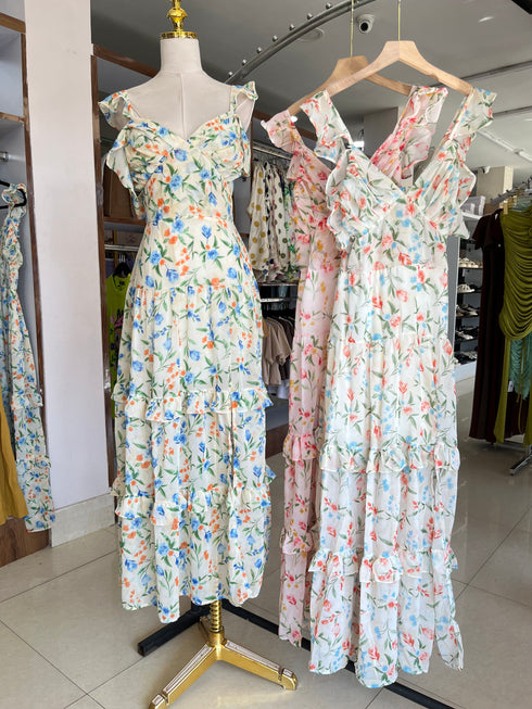 Summer Floral Print Slit Long Dresses